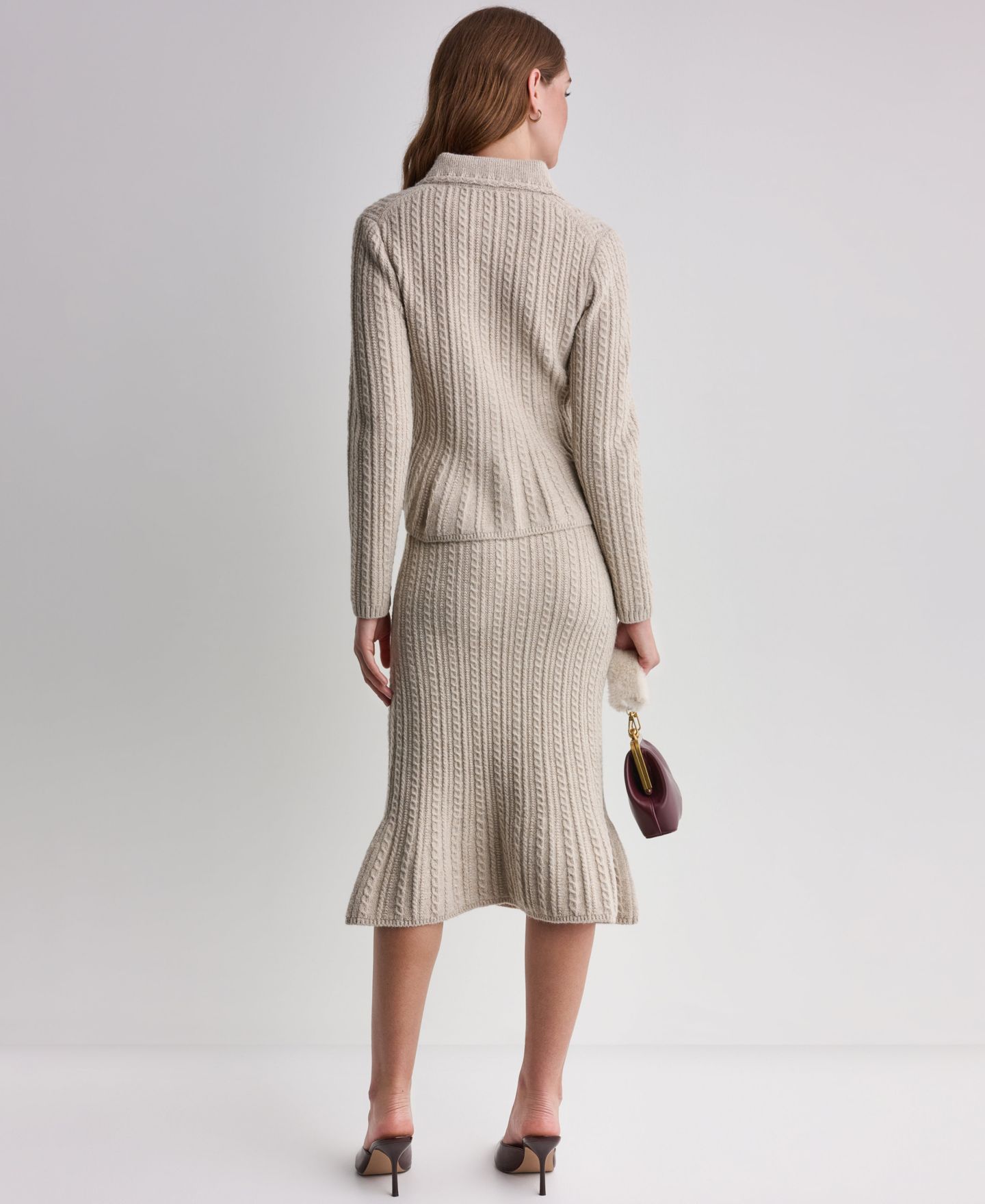 Женский кардиган BCBG Peplum Cable-Knit Cardigan, цвет: Меланжевый овсяный — фото 9