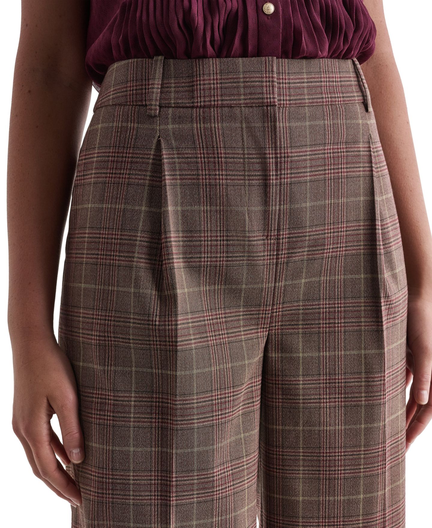 Женские брюки BCBG Wide-Leg Pleated Plaid, цвет: Теневой мерло разноцветный — фото 6