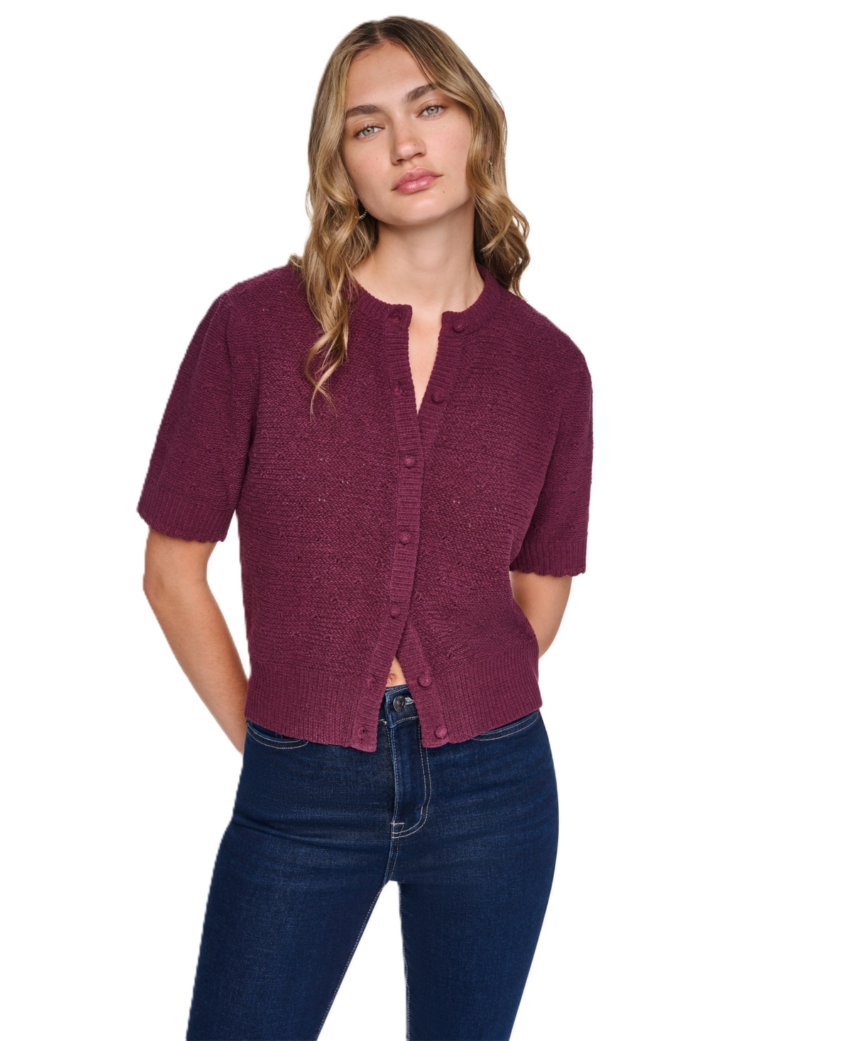Dkny Jeans Women's Baby Chenille Short-sleeve Lightweight Open-stitch Cardigan In Claret