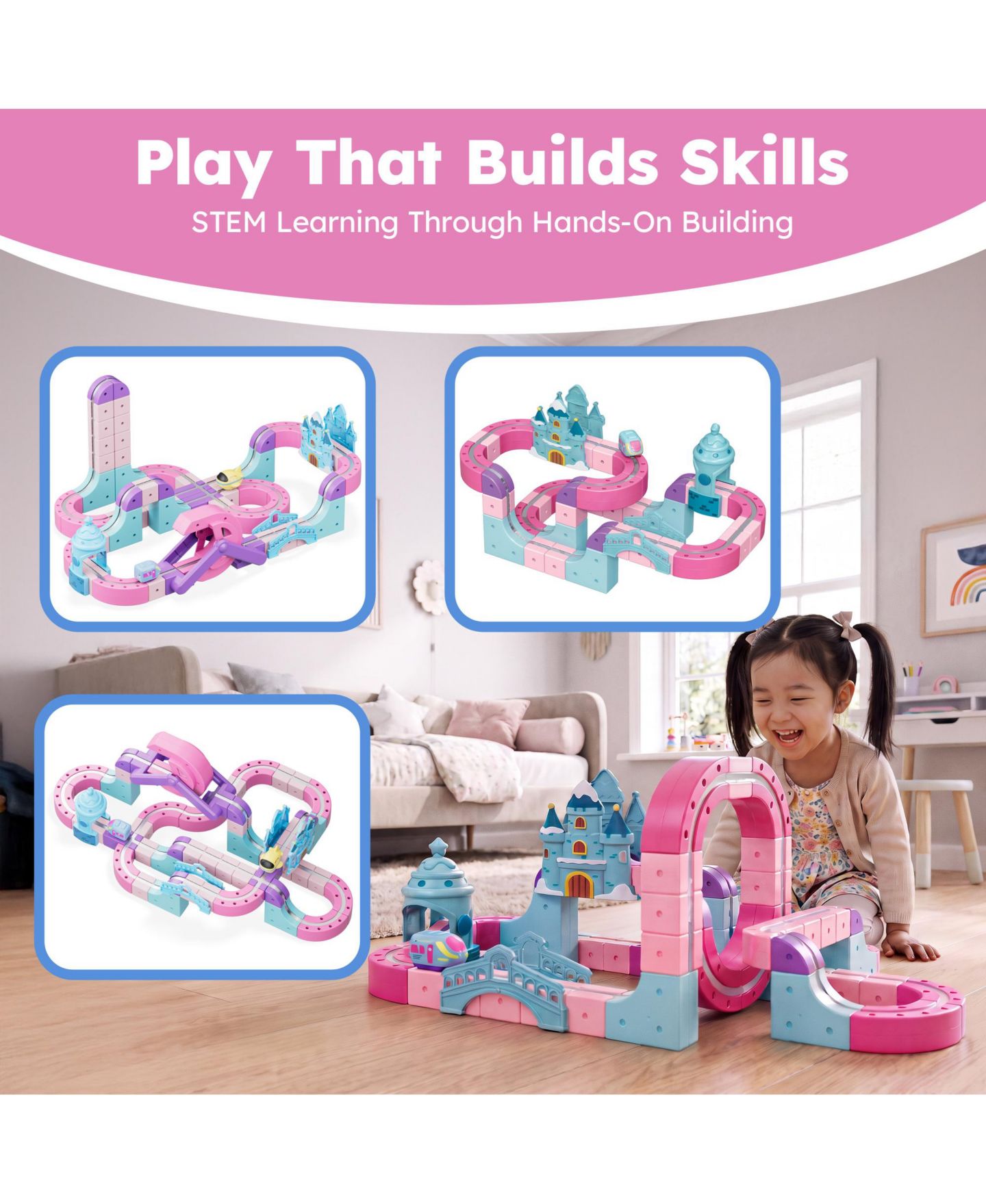 Детский конструктор Contixo MT6 Princess Castle Magnetic Train Track 96-Piece Building Set with Rechargeable Motorized Train, Ages 3+ — фото 3