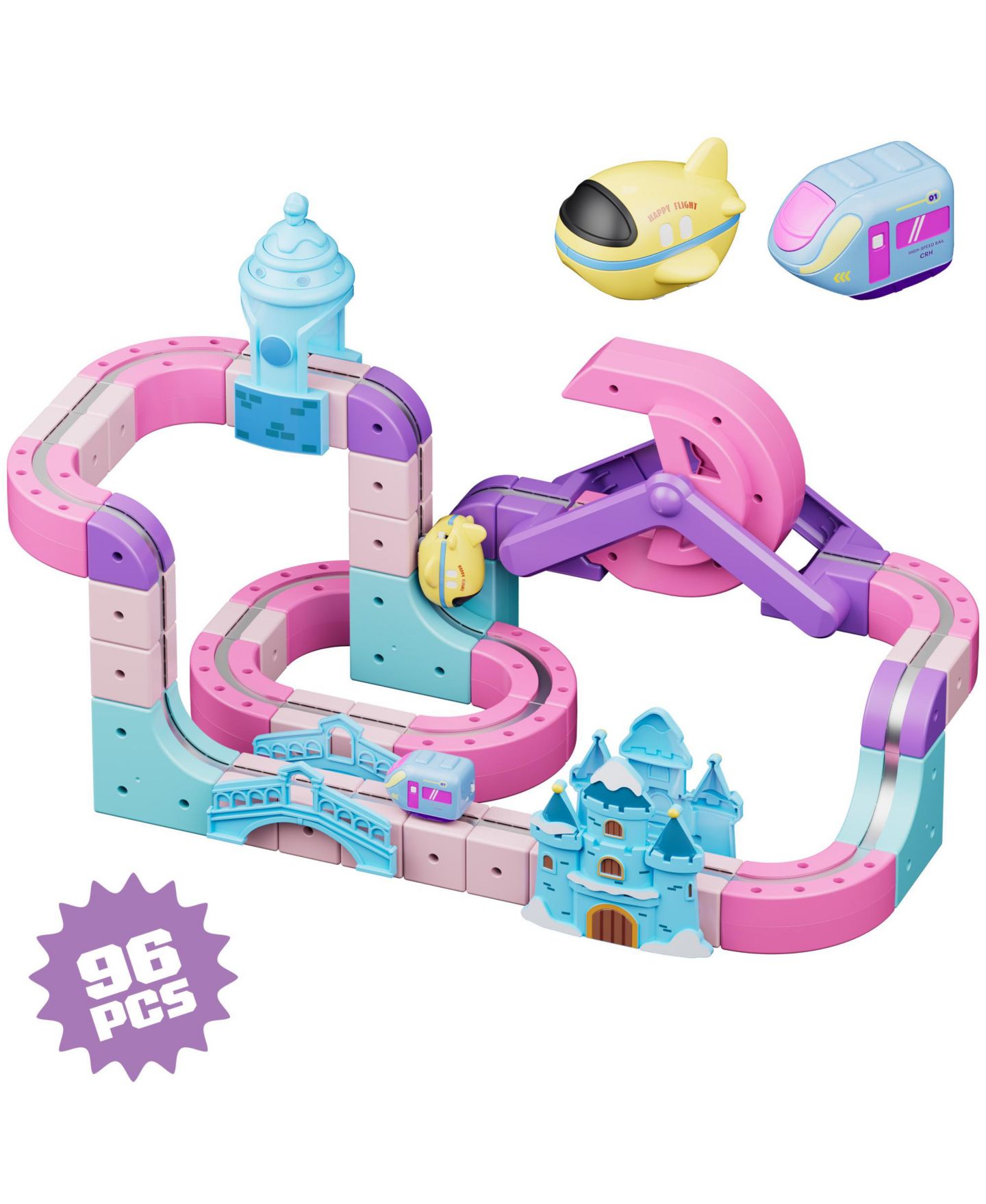 Детский конструктор Contixo MT6 Princess Castle Magnetic Train Track 96-Piece Building Set with Rechargeable Motorized Train, Ages 3+ — фото 1