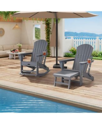 4 in 1 Adirondack Rocking Chair, HDPE All Weather Outdoor Adirondacks Rocking Chair with Retractable Ottoman And 2 Cup Holders