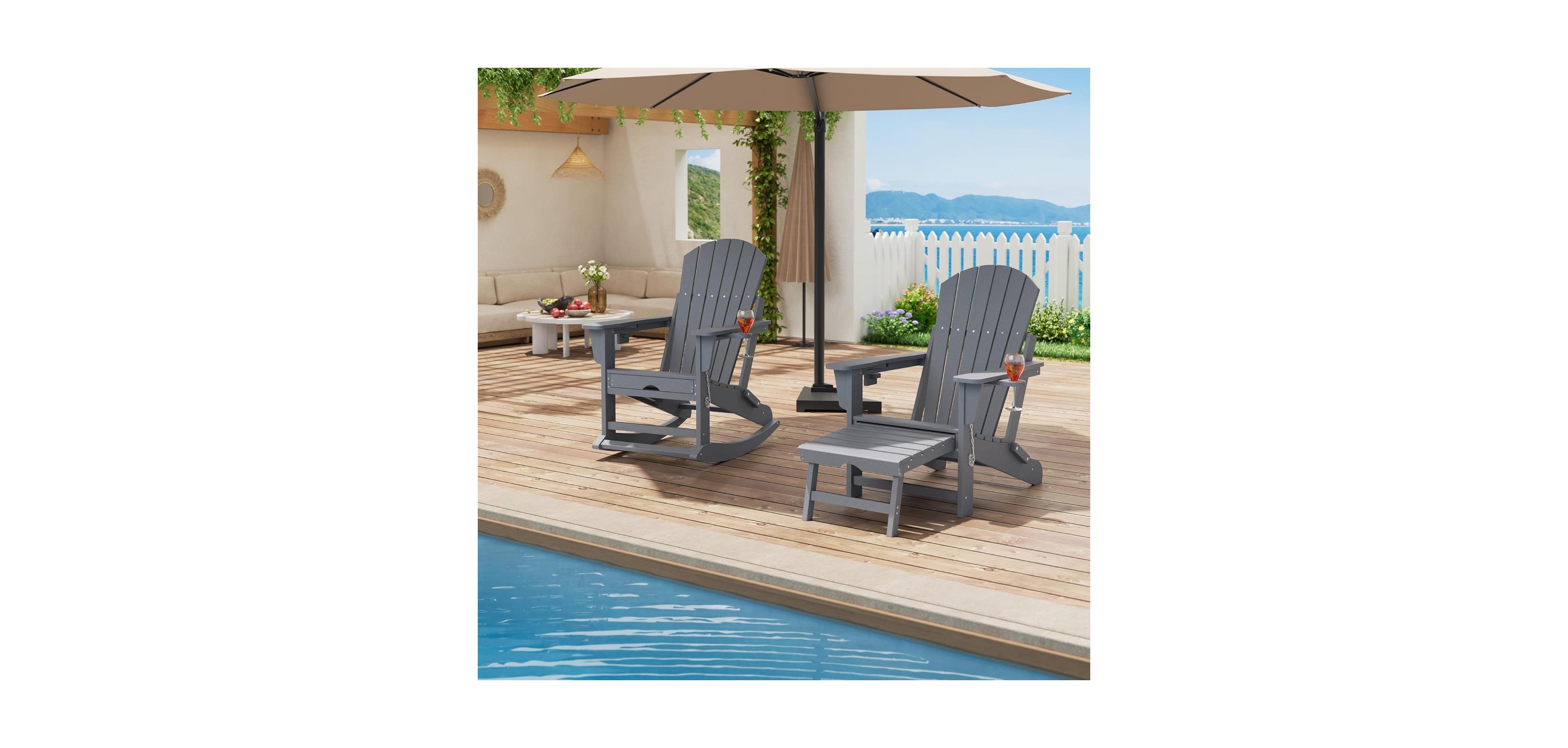 gaomon 4 in 1 Adirondack Rocking Chair, Hdpe All Weather Outdoor Adirondacks Rocking Chair with Retractable Ottoman And 2 Cup Holders