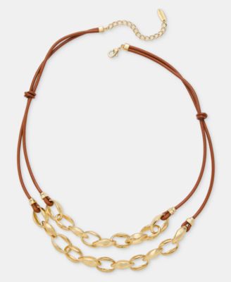 Women's Gold-Tone Plated Mixed Metal Leather Cord Necklace