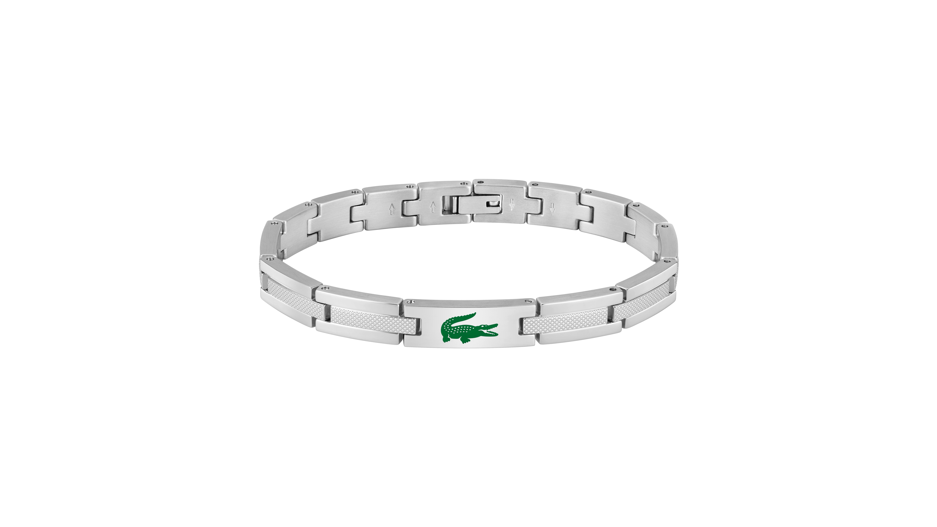 Lacoste Men's Stencil Silver-Tone Stainless Steel with Green Enamel Crocodile Bracelet