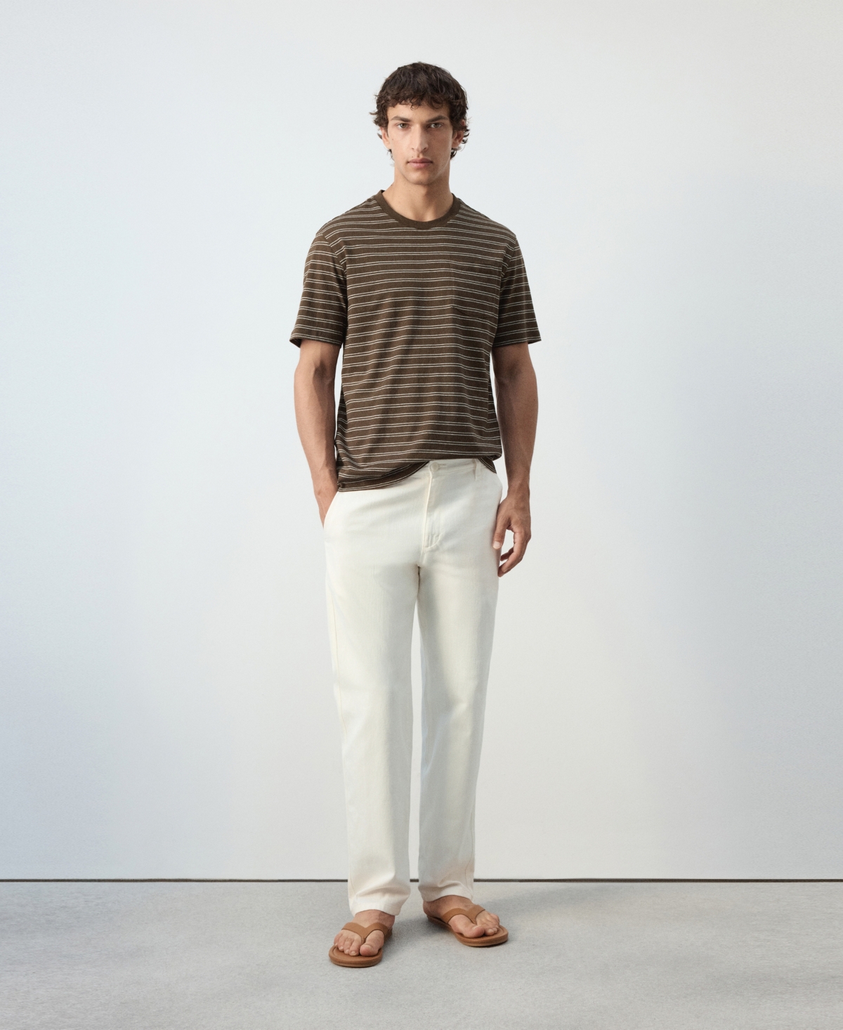 Mango Men's Crew Neck Stripe Cotton-Linen Blend T-Shirt