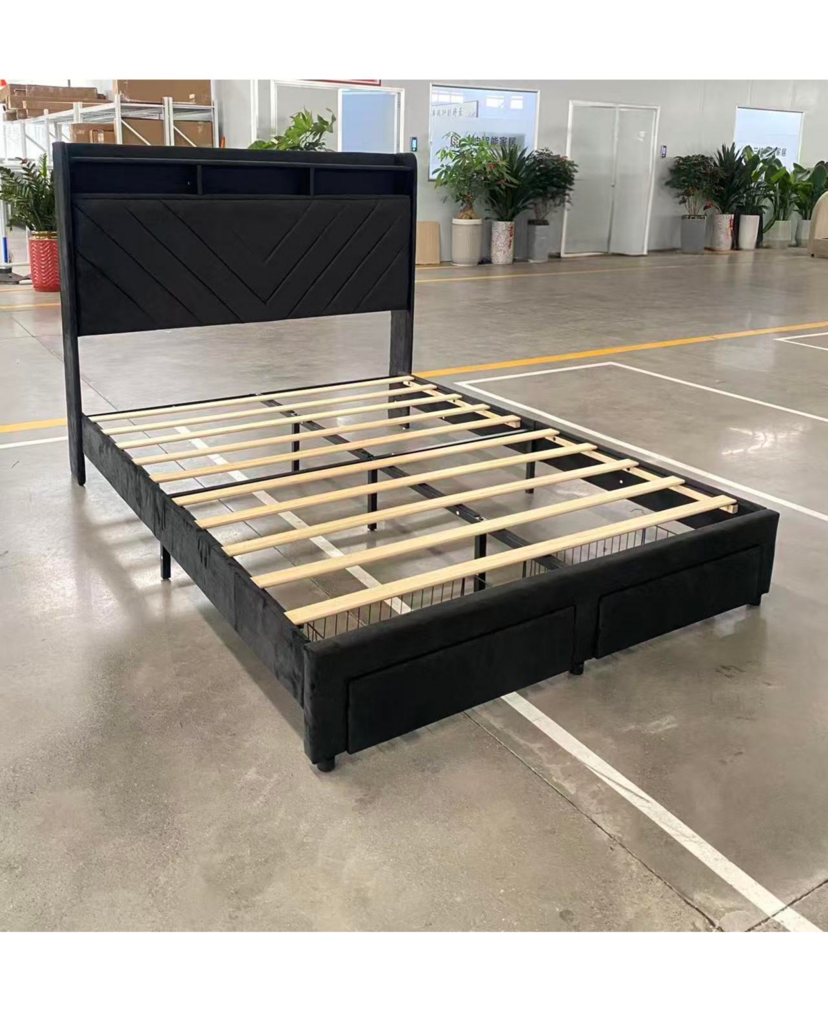 Gaomon Soft Velvet Upholstered Platform Bed Frame With Charging Station And 2 Storage Drawers, 52 Inch Two Tier Headboard