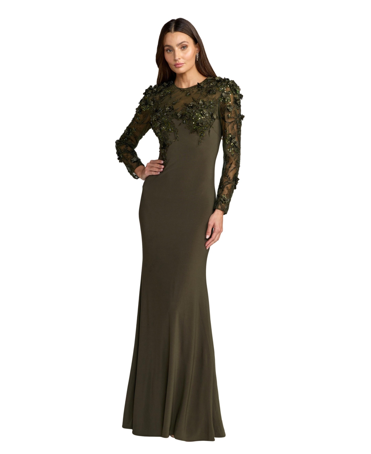 Mac Duggal Women's Jersey Long Sleeve Fitted Gown With Floral Beading - Olive