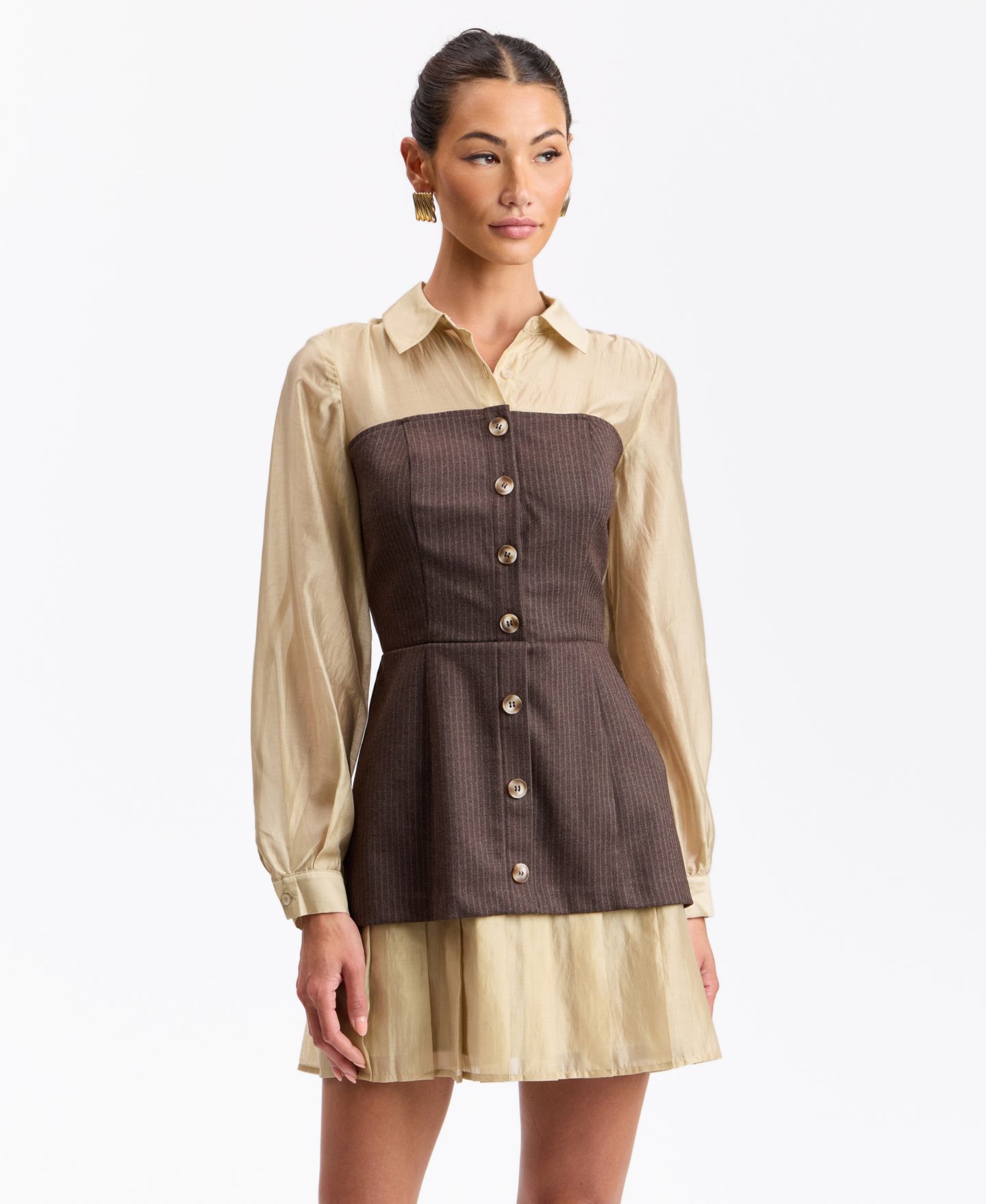 Женское платье Avec Les Filles Long Sleeve Twofer Vest, цвет: Полосатый / Верблюжий — фото 4