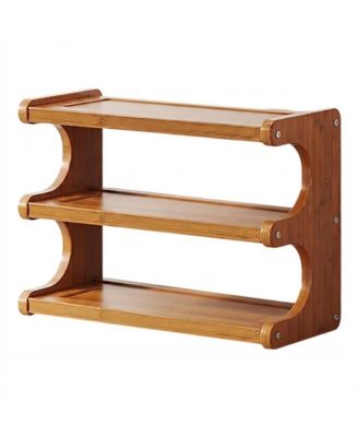 3-Tier Freestanding Wicker Shoe Rack with Wood Grain Shelves
