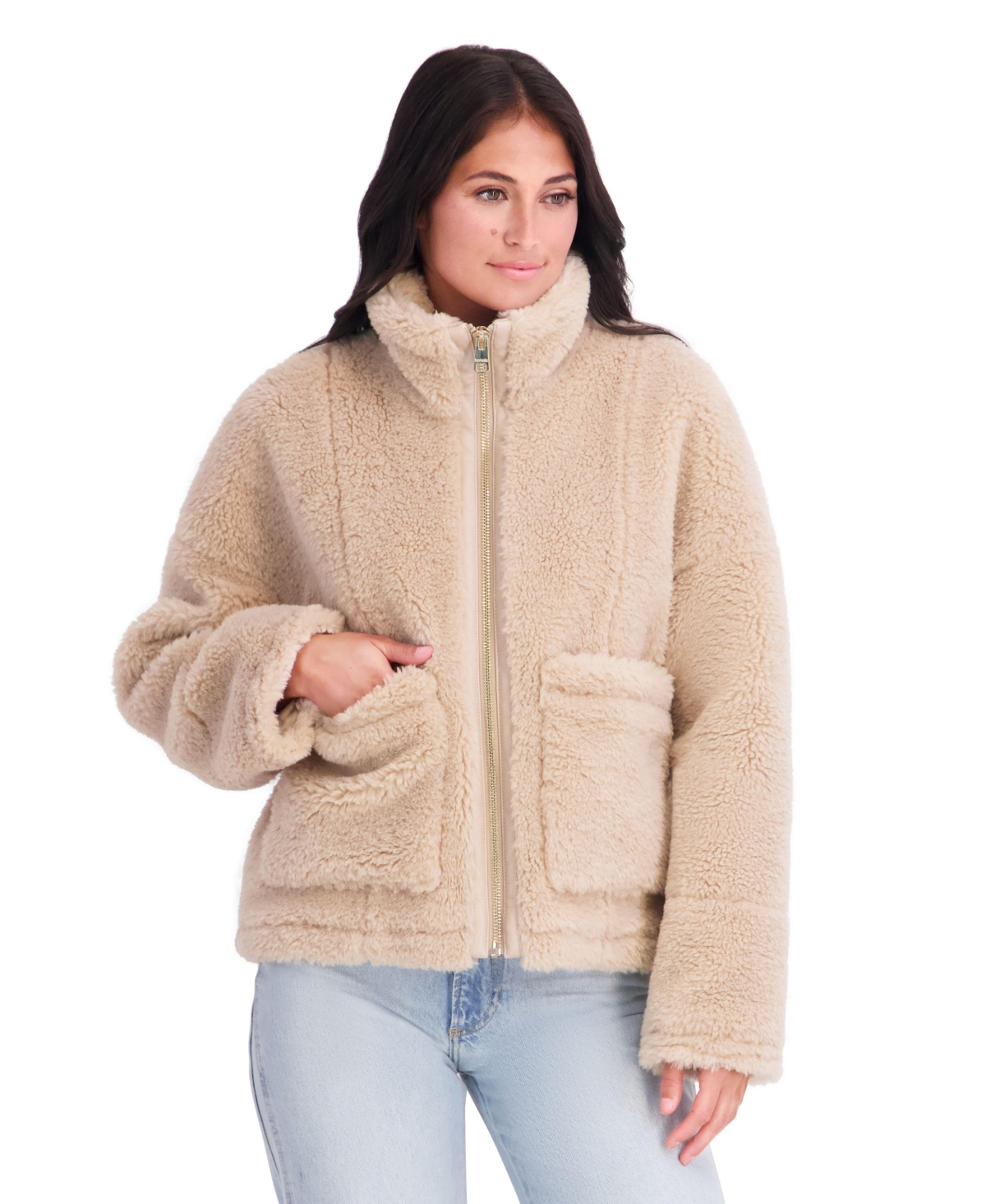 Kensie Women's Faux Fur Jacket With Patch Pockets And Funnel Neck