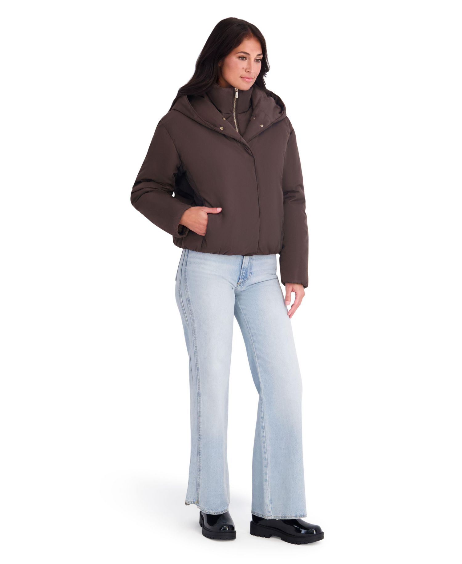 Women's Memory Fabric Puffer Jacket With Attached Hood And Stand Collar