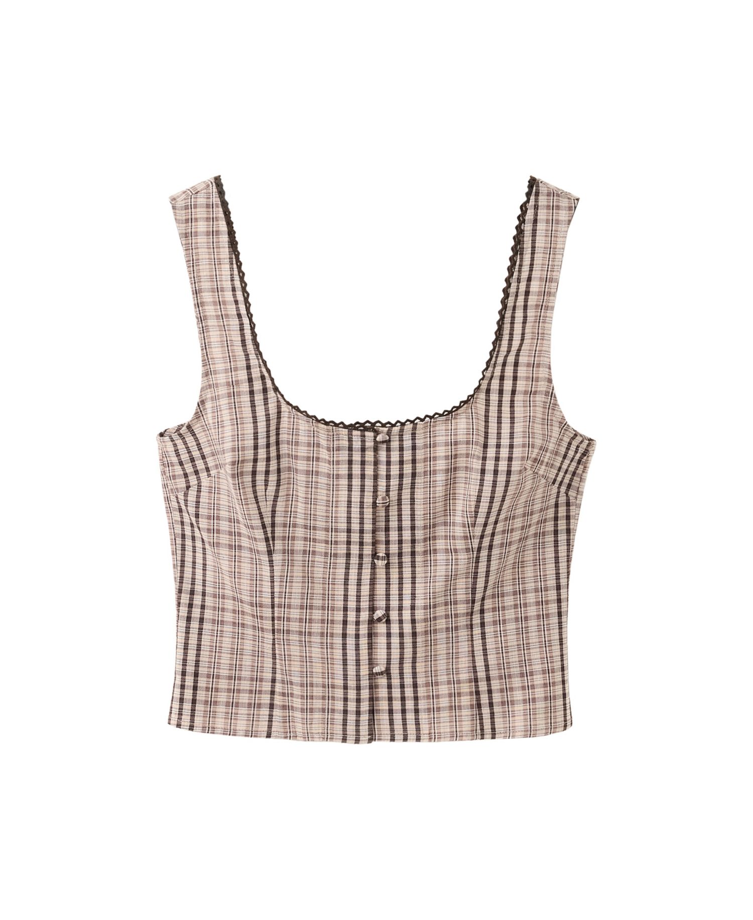 Women's Plaid Square Neck Cropped Cotton-Blend Top