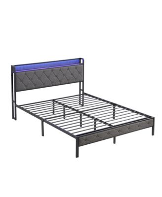 Full Platform Bed with Storage Headboard, LED Lights and Metal Slats