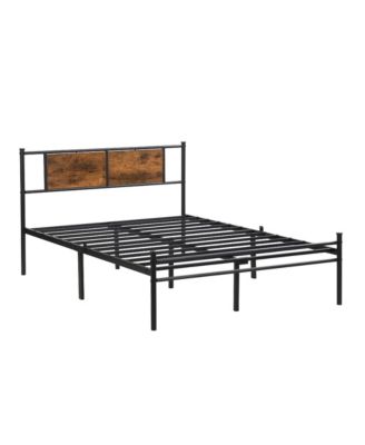 Metal Platform Bed Frame with Wood Panel Headboard and Steel Slats