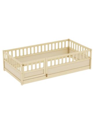 Twin Size Montessori Floor Bed with Door and High Safety Guardrails