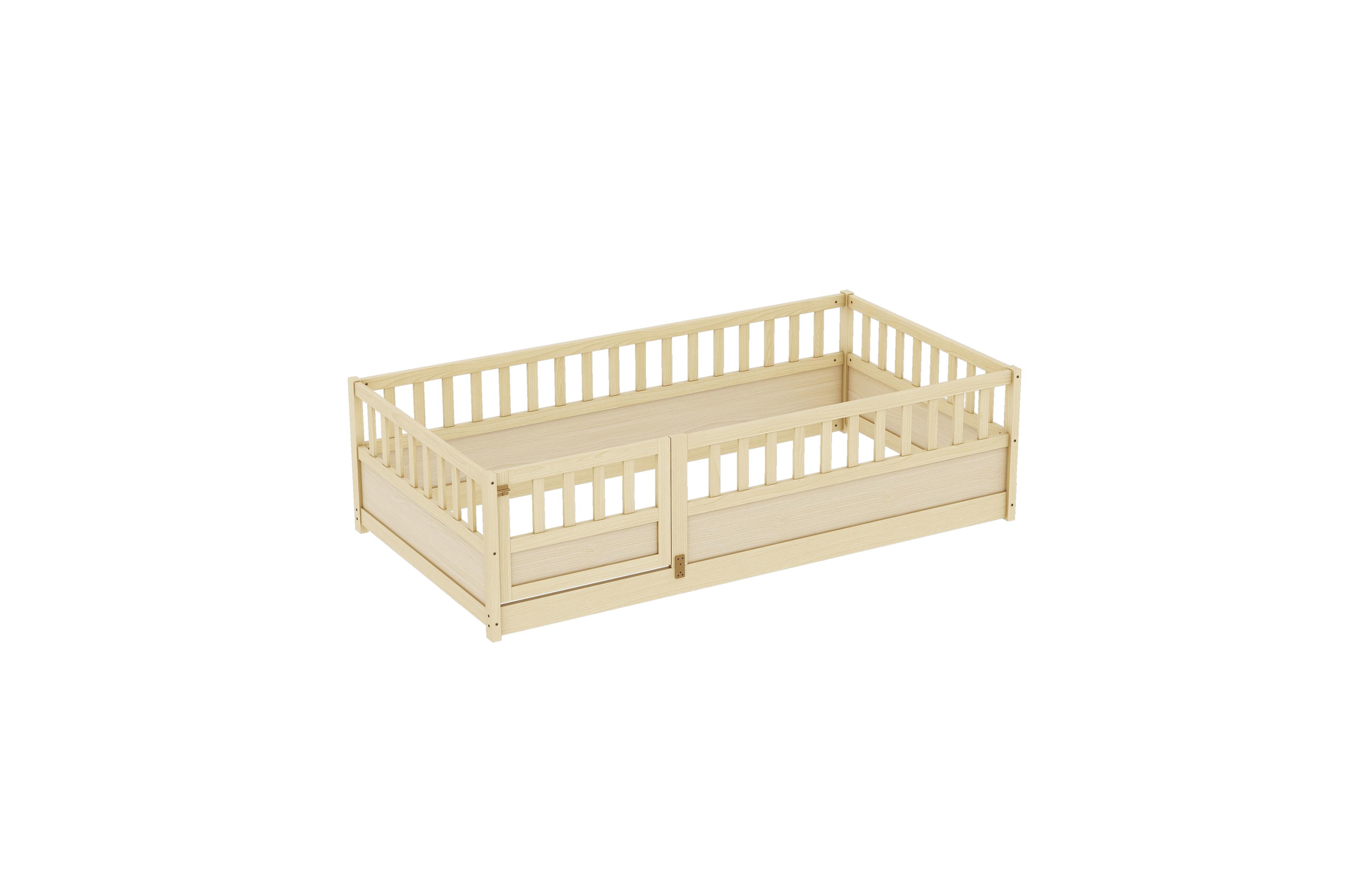 Slickblue Twin Size Montessori Floor Bed with Door and High Safety Guardrails