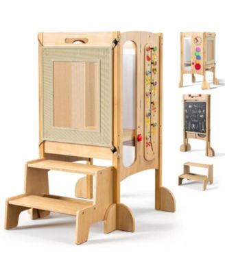 Foldable Montessori Toddler Tower, Adjustable Kids Kitchen Helper Stool with Safety Net, Detachable Step Stool and Educational Games