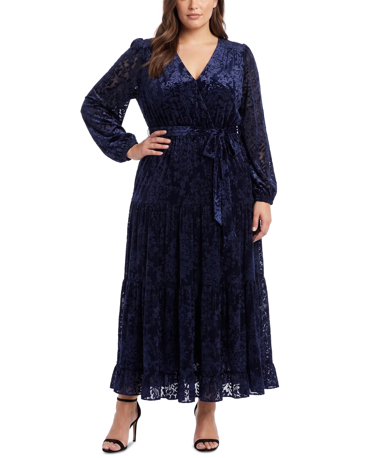 Taylor Plus Size Floral Burnout Velvet Midi Dress In Navy
