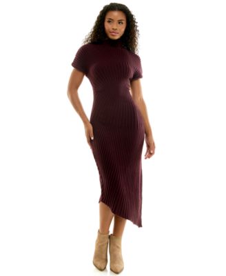 Juniors' Mock-Neck Ribbed Asymmetric-Hem Midi Dress