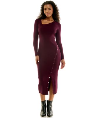 Juniors' Square Neck Long Sleeve Midi Sweater Dress with Asymmetrical Button Detail
