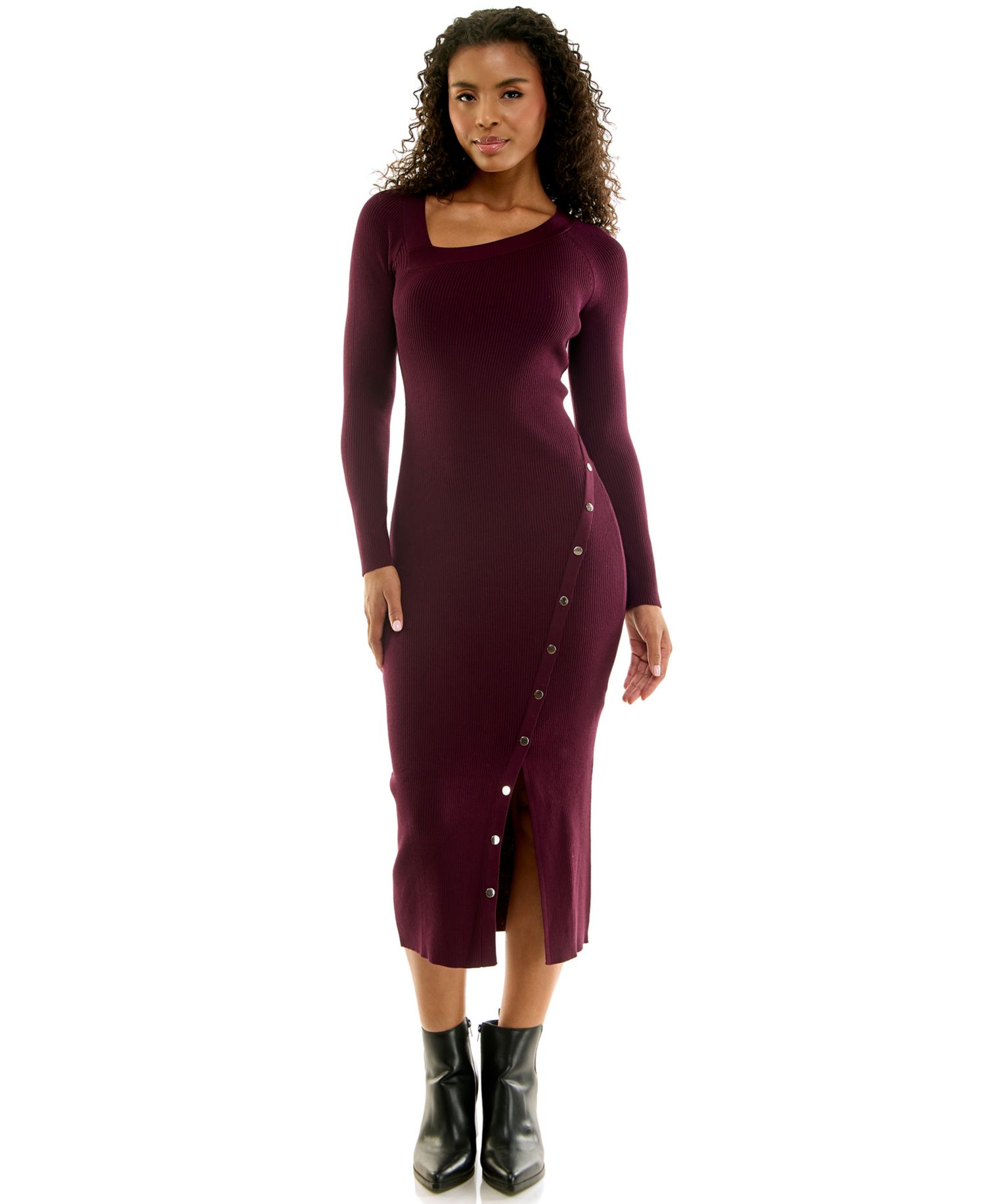 Juniors' Square Neck Long Sleeve Midi Sweater Dress with Asymmetrical Button Detail