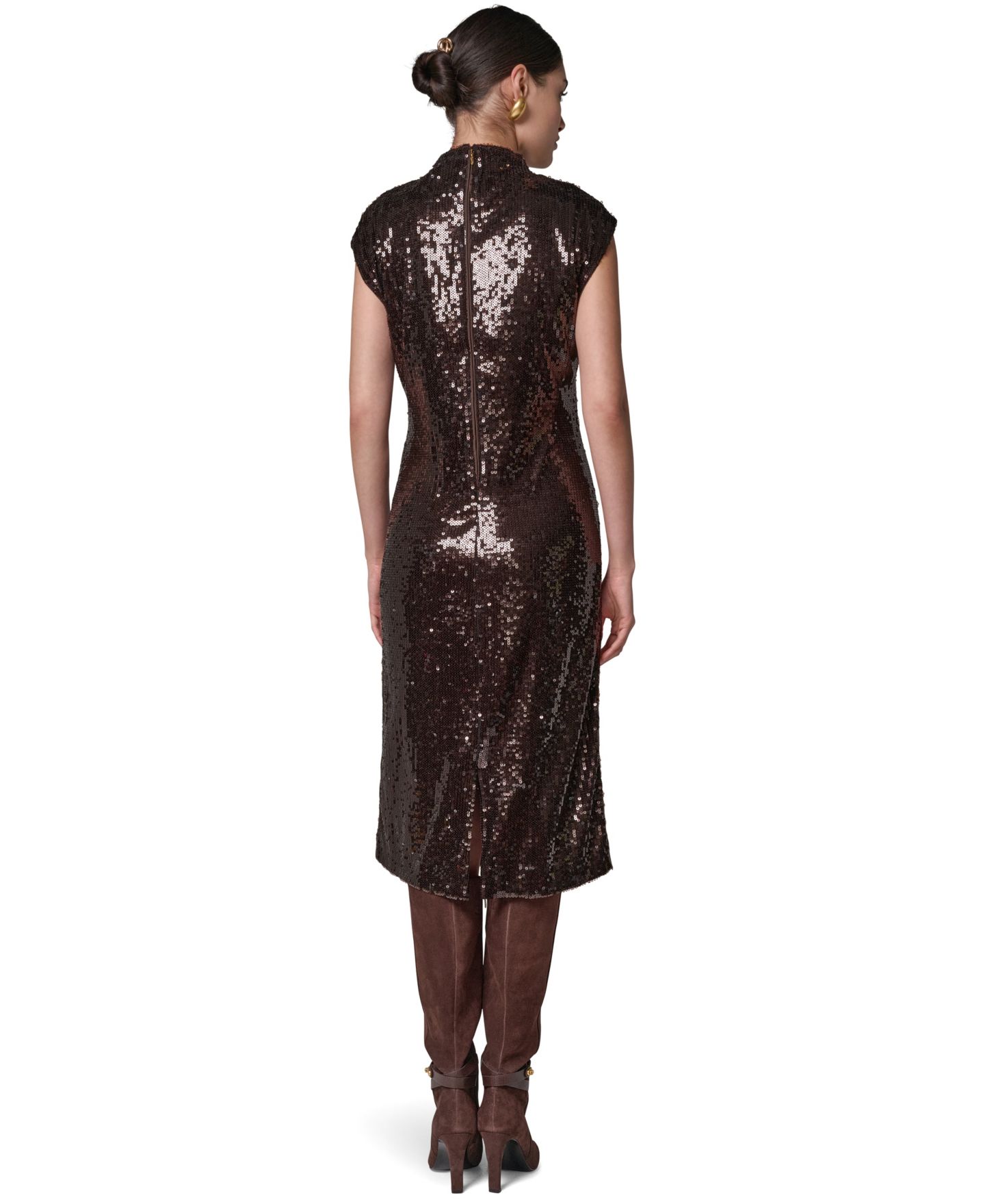 Женское платье Donna Karan New York с блёстками, без рукавов, с воротником-хомутом, цвет: Тёмно-коричневый — фото 6