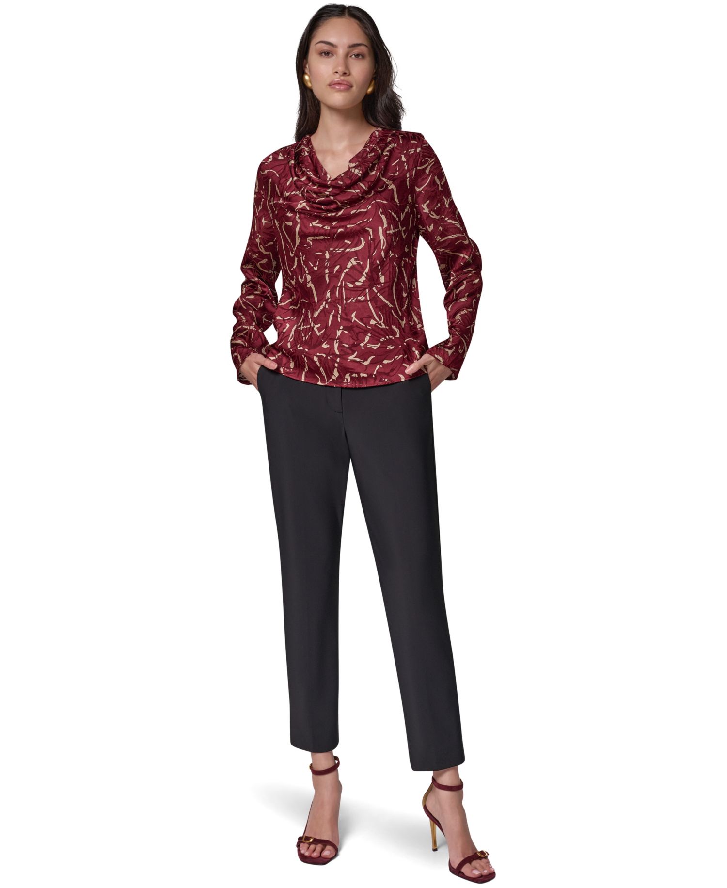 Women's Long-Sleeve Burnout Cowl-Neck Blouse
