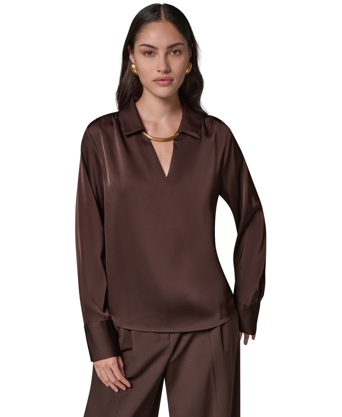 Donna Karan New York Women's Long-Sleeve Satin V-Neck Collared Blouse