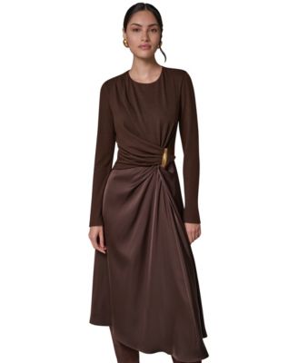 Women's L/S Whwre &commat; Waist Long-Sleeve Fit-and-Flare Midi Dress