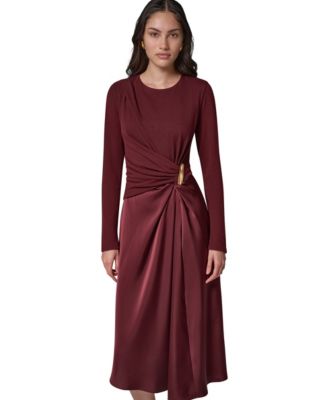 Women's L/S Whwre &commat; Waist Long-Sleeve Fit-and-Flare Midi Dress