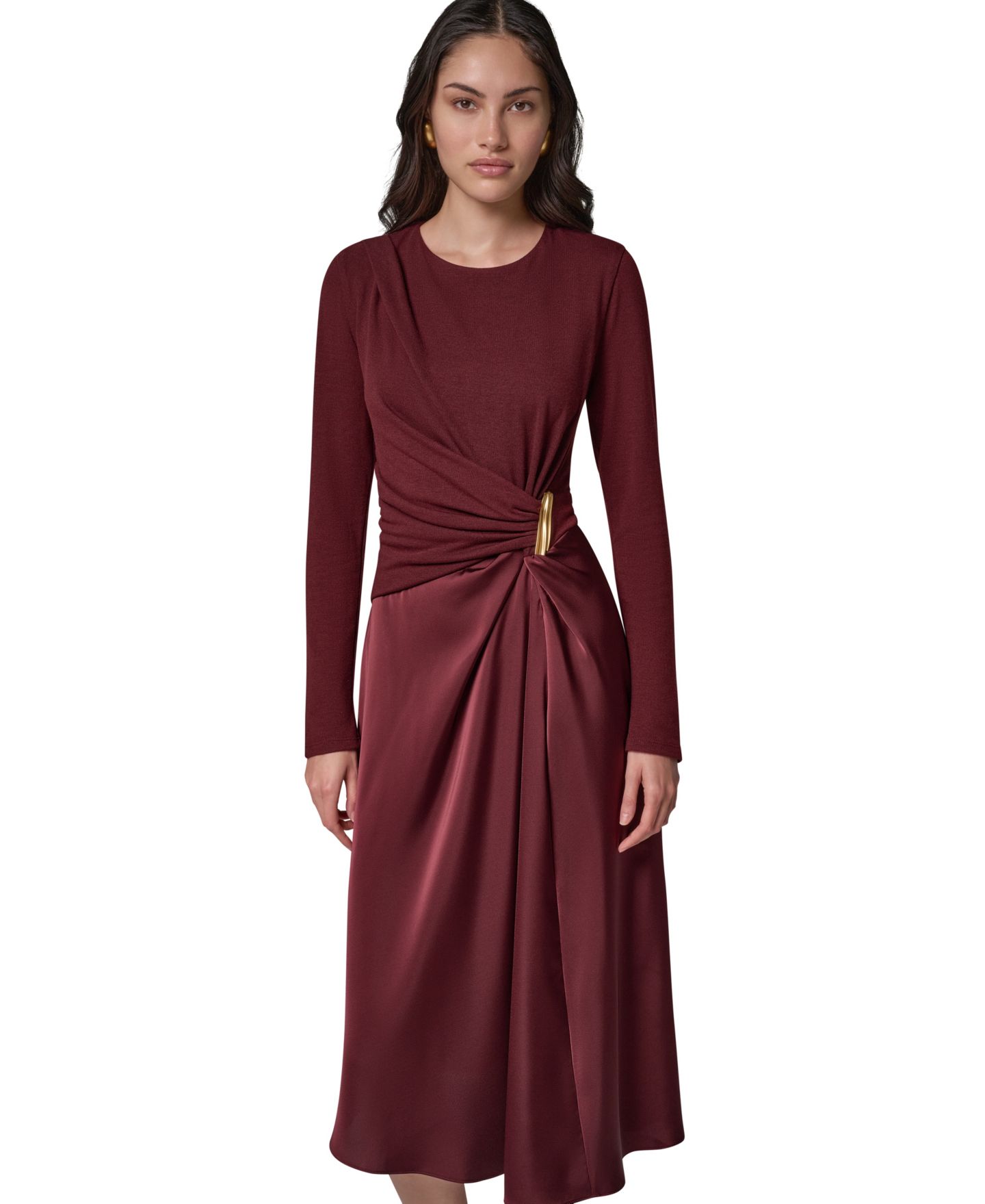Женское платье Donna Karan New York Long Sleeve Waist Long-Sleeve Fit-and-Flare Midi, цвет: Чёрный вишнёвый — фото 1