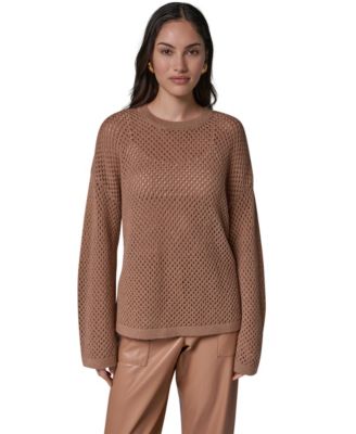 Women's Oversized Long-Sleeve Open-Weave Crewneck Sweater