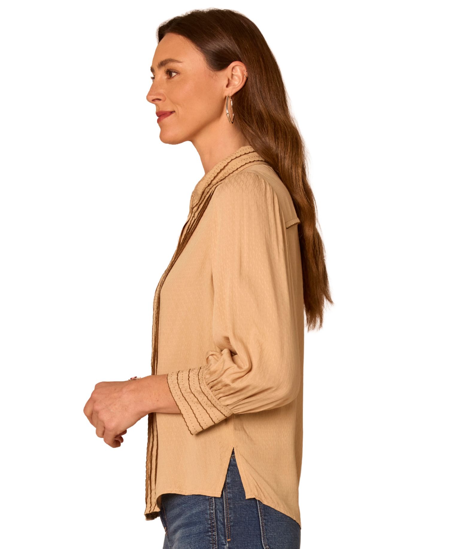 Women's 3/4-Sleeve Button Down Bubble Hem Blouse