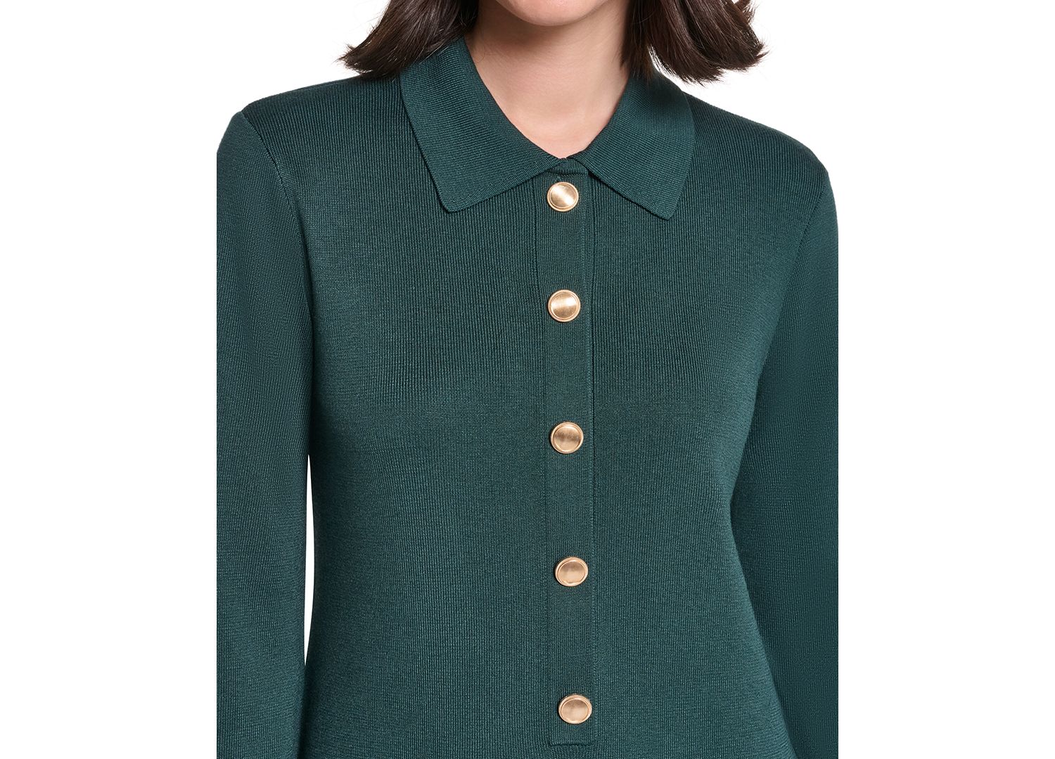 Petite Collared Button-Front Long-Sleeve Midi Dress