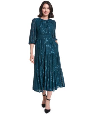 Petite 3/4-Sleeve Smocked Floral Midi Dress