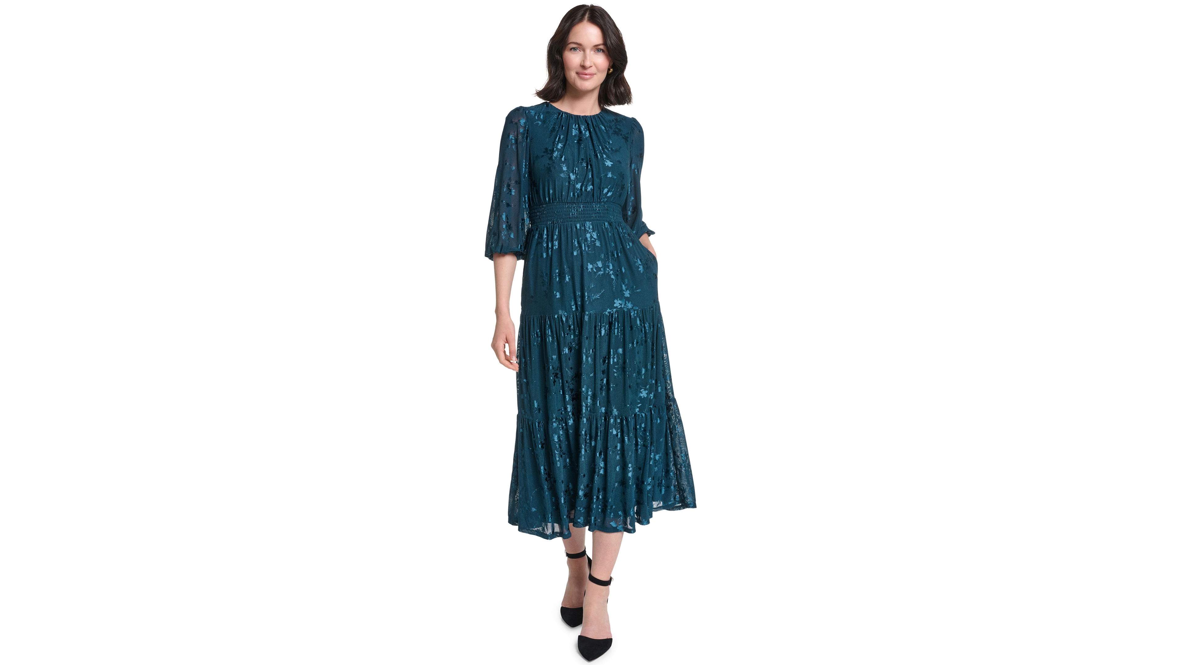 Jessica Howard Petite 3/4-Sleeve Smocked Floral Midi Dress