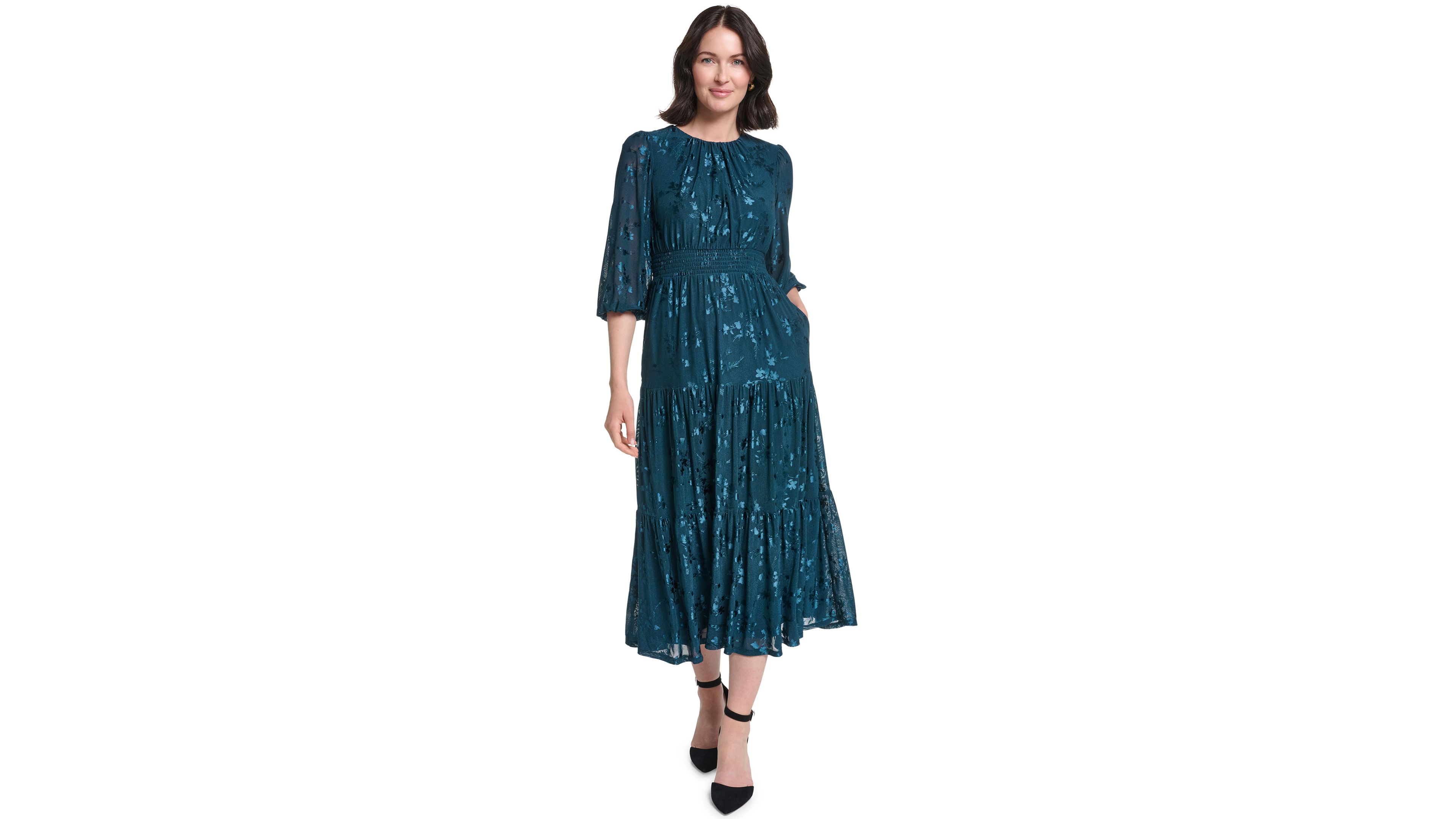 Jessica Howard Womens 3 4 Sleeve Smocked Floral Midi Dress