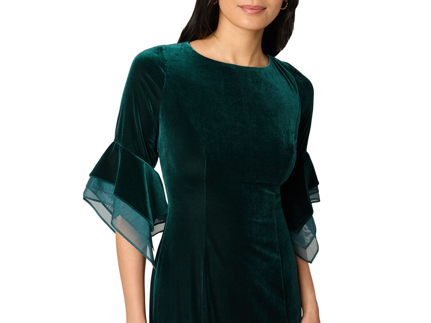 Женское платье Adrianna Papell Petite Velvet Bell-Sleeve Mesh-Trim, цвет: Тёмно-зелёный — фото 4