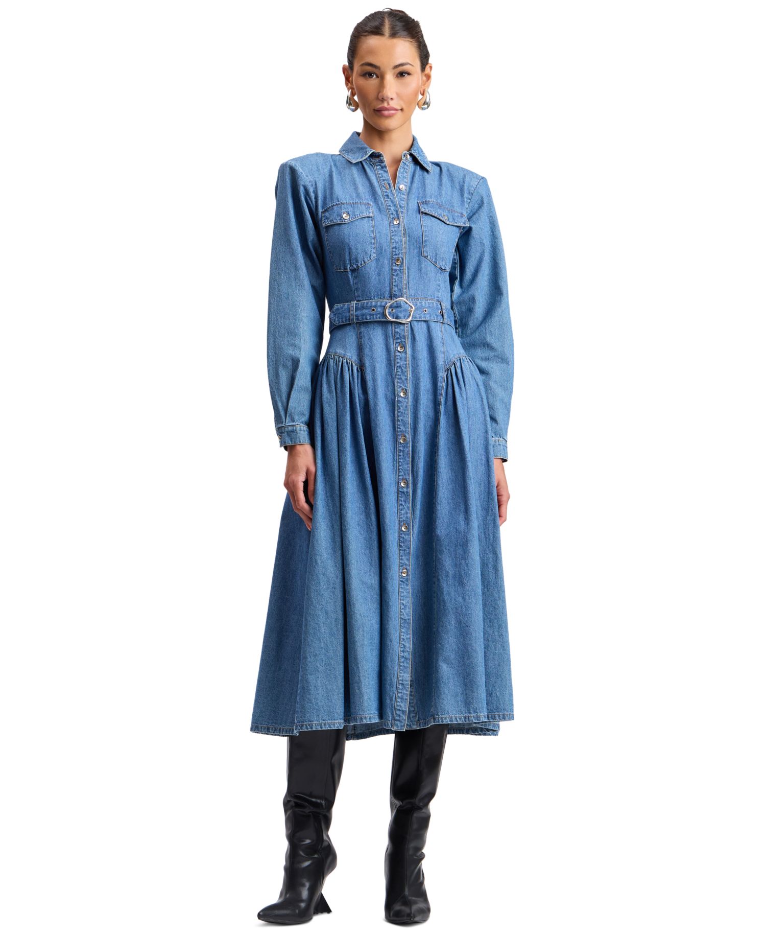 Women's Fit & Flare Belted Statement-Shoulder Denim Midi Shirt Dress