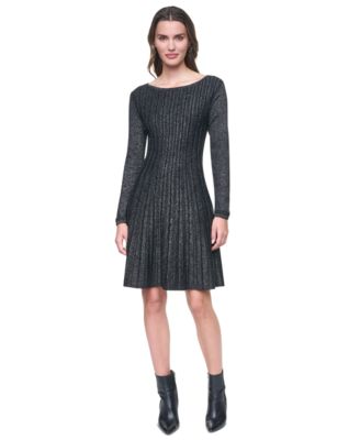 Women's Long-Sleeve Boat Neck Ribbed Fit & Flare Dress