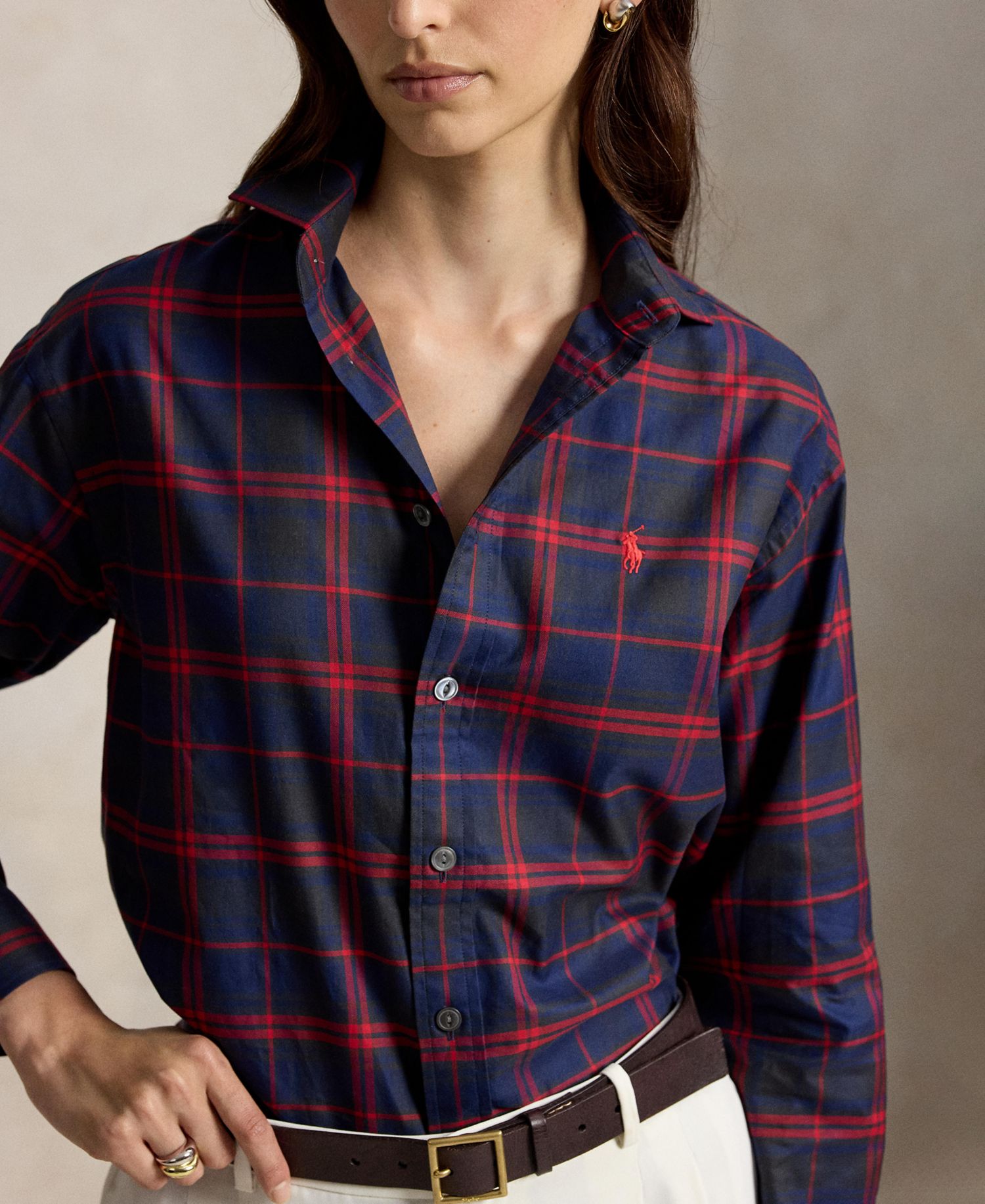 Women's Plaid Relaxed-Fit Cotton-Twill Button-Down Shirt