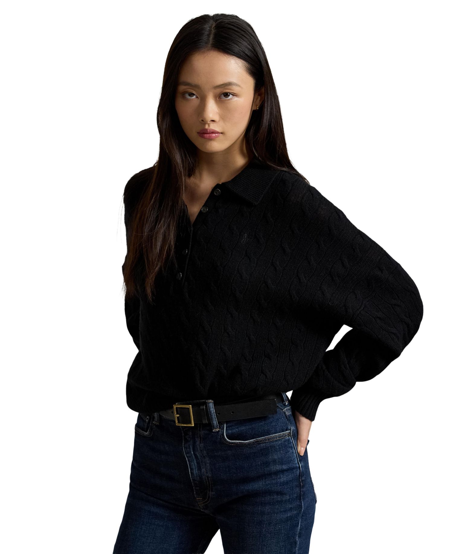 Women's Cable-Knit Wool-Cashmere Polo-Collar Sweater