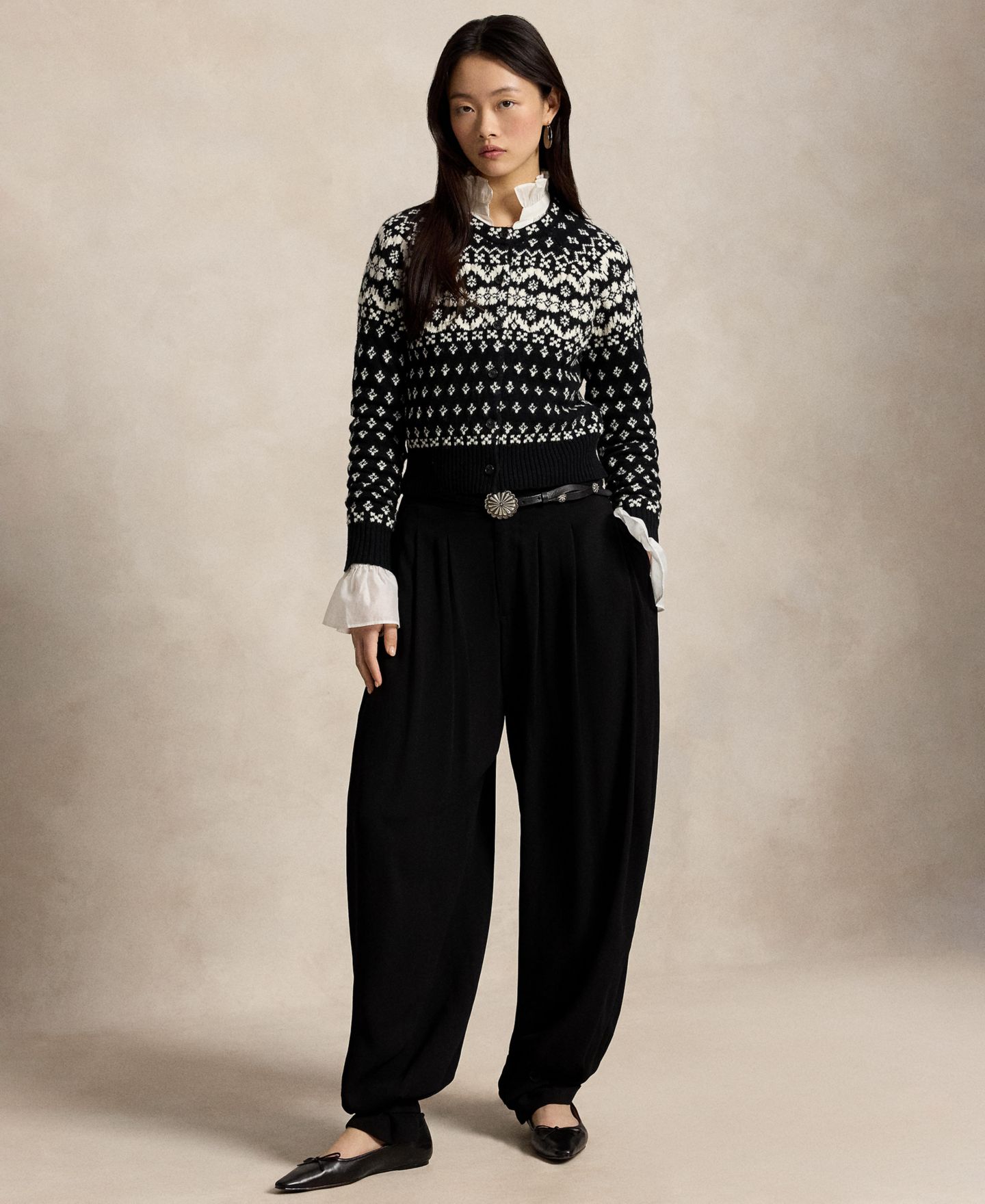 Женский кардиган Polo Ralph Lauren Fair Isle Crewneck Cropped Wool-Cotton Blend, цвет: Чёрный / Кремовый — фото 2