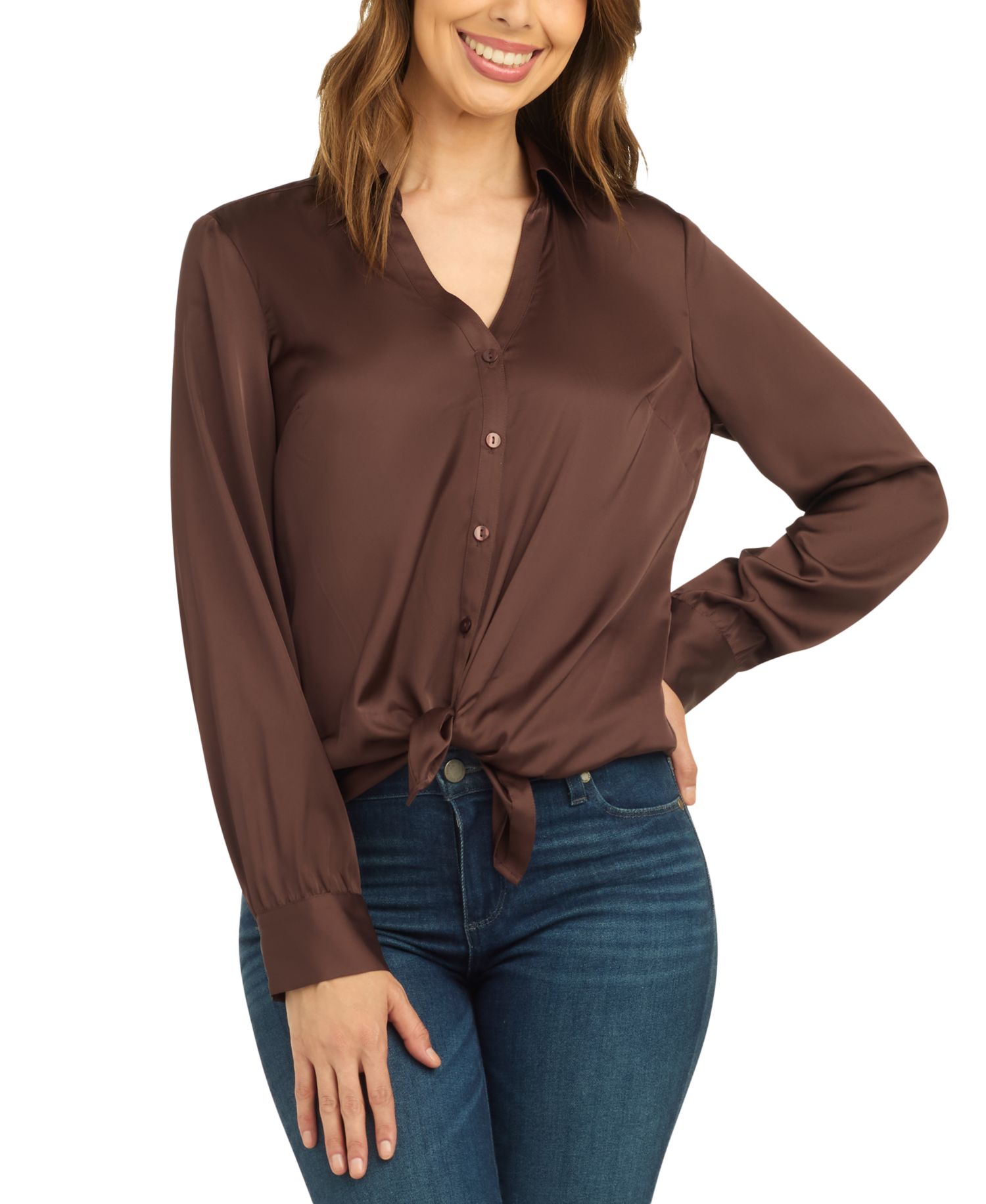 Juniors' Long-Sleeve Button-Up Tie-Front Blouse