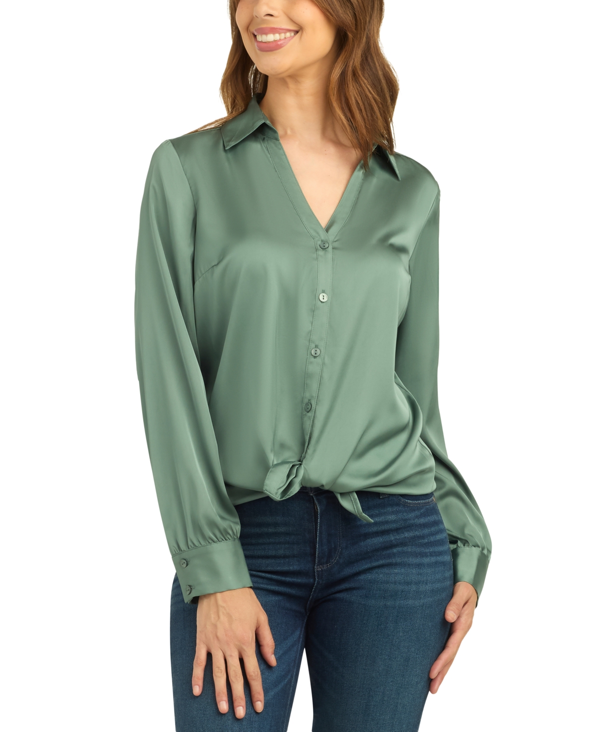 Bcx Juniors' Long-sleeve Button-up Tie-front Blouse In Sage