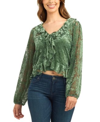 Juniors' Mesh Velvet Burnout Crop Long-Sleeve Blouse