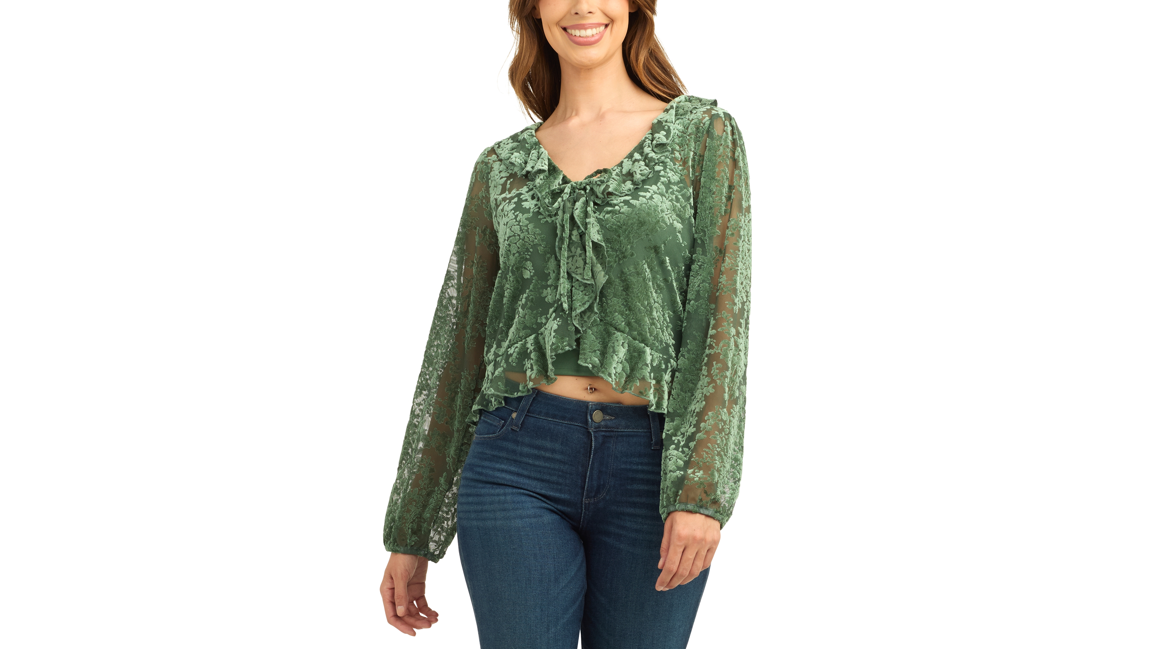 Bcx Juniors' Mesh Velvet Burnout Crop Long-Sleeve Blouse
