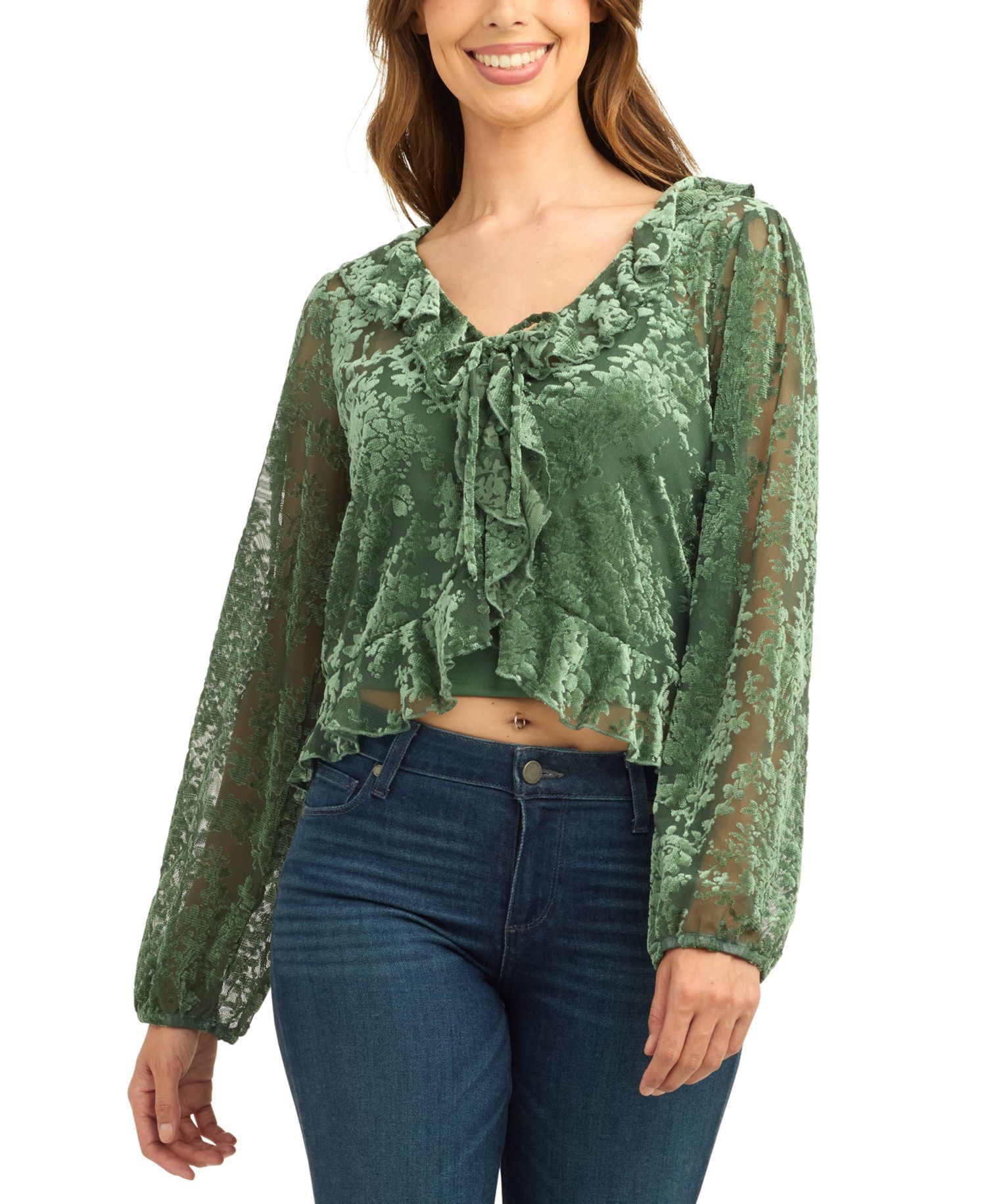 Juniors' Mesh Velvet Burnout Crop Long-Sleeve Blouse