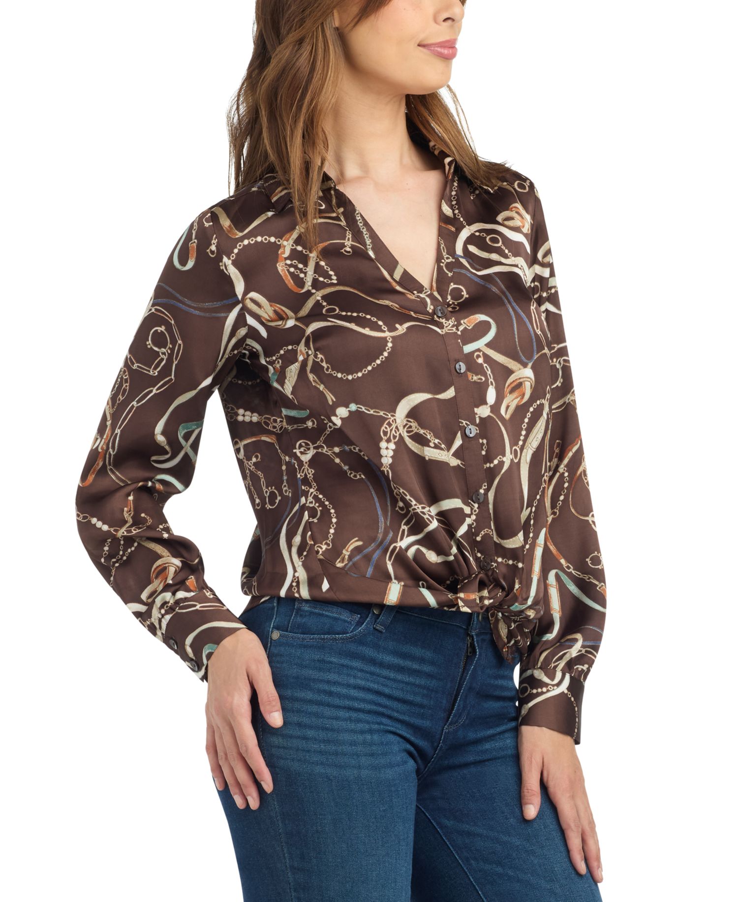 Juniors' Tie-Front Long-Sleeve Stretch Satin Blouse